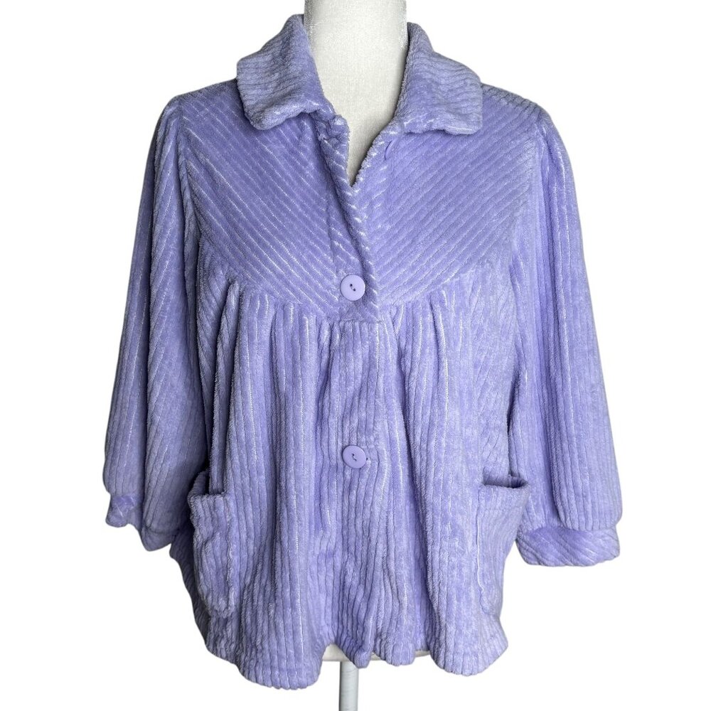 Vintage 90s Textured Fleece Button Up Jacket Medium Purple Pockets Sweater
